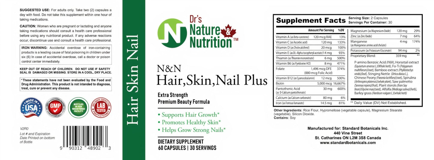 Dr's Nature & Nutrition Hair, Skin & Nail Plus Vitamin Supplement with Biotin 5000mcg, Bamboo Extract, Collagen Support - Extra Strength Beauty Supplement for Men and Women - 60 Capsules - dailyvitalstore