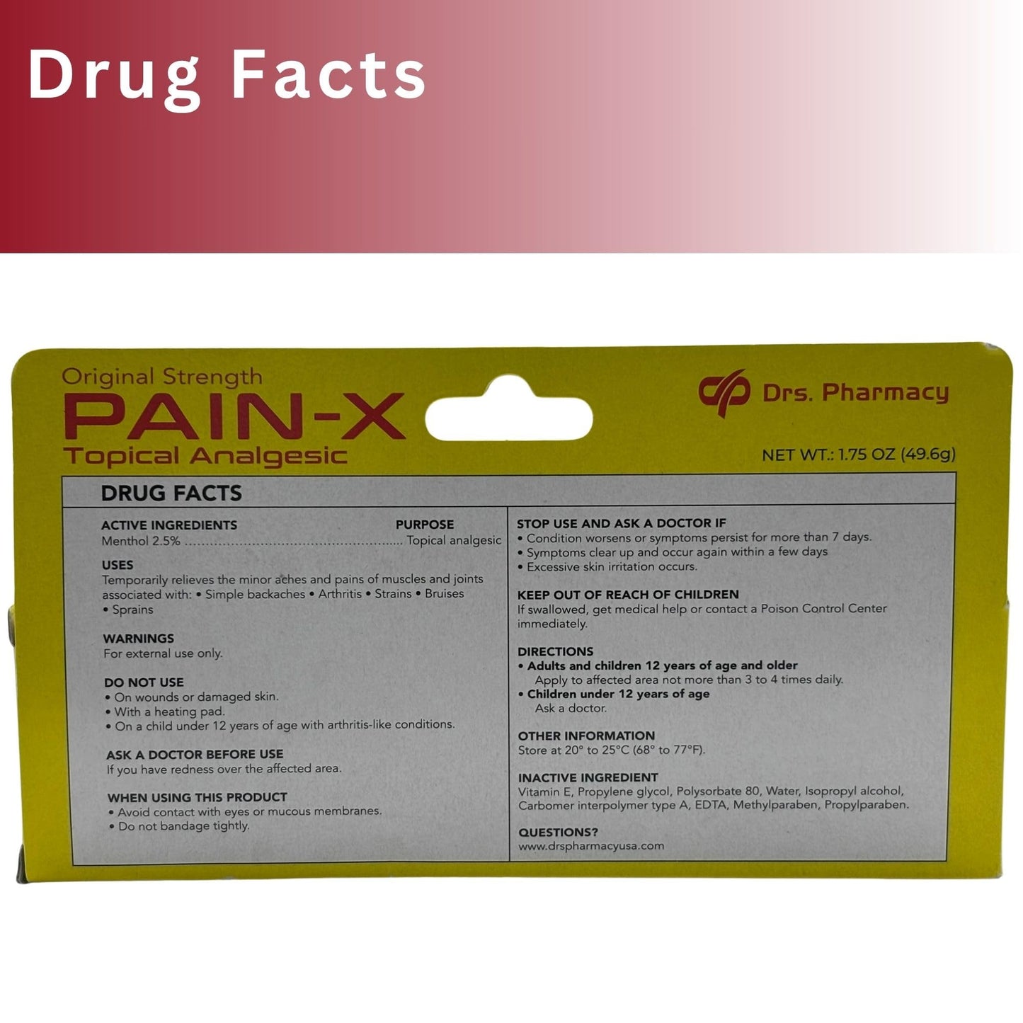 Drs. Pharmacy Pain-X Menthol Cream – Targeted Muscle & Joint Relief – 1.75 oz, Made in USA - dailyvitalstore