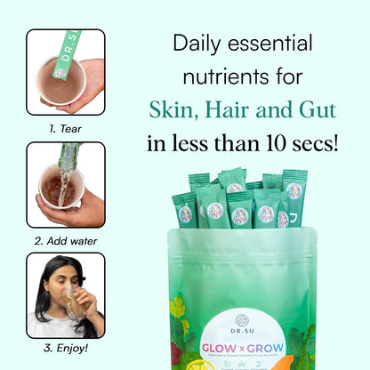 Dr.Su 6-in-1 Supplement Powder | Clear Skin, Strong Hair & Healthy Gut | with Vitamins, Minerals, Antioxidants, Probiotics, Fiber & Adaptogens | Lemon Mint | Sugar-Free | 30 Sachets | Unisex - dailyvitalstore