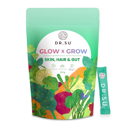 Dr.Su 6-in-1 Supplement Powder | Clear Skin, Strong Hair & Healthy Gut | with Vitamins, Minerals, Antioxidants, Probiotics, Fiber & Adaptogens | Lemon Mint | Sugar-Free | 30 Sachets | Unisex - dailyvitalstore