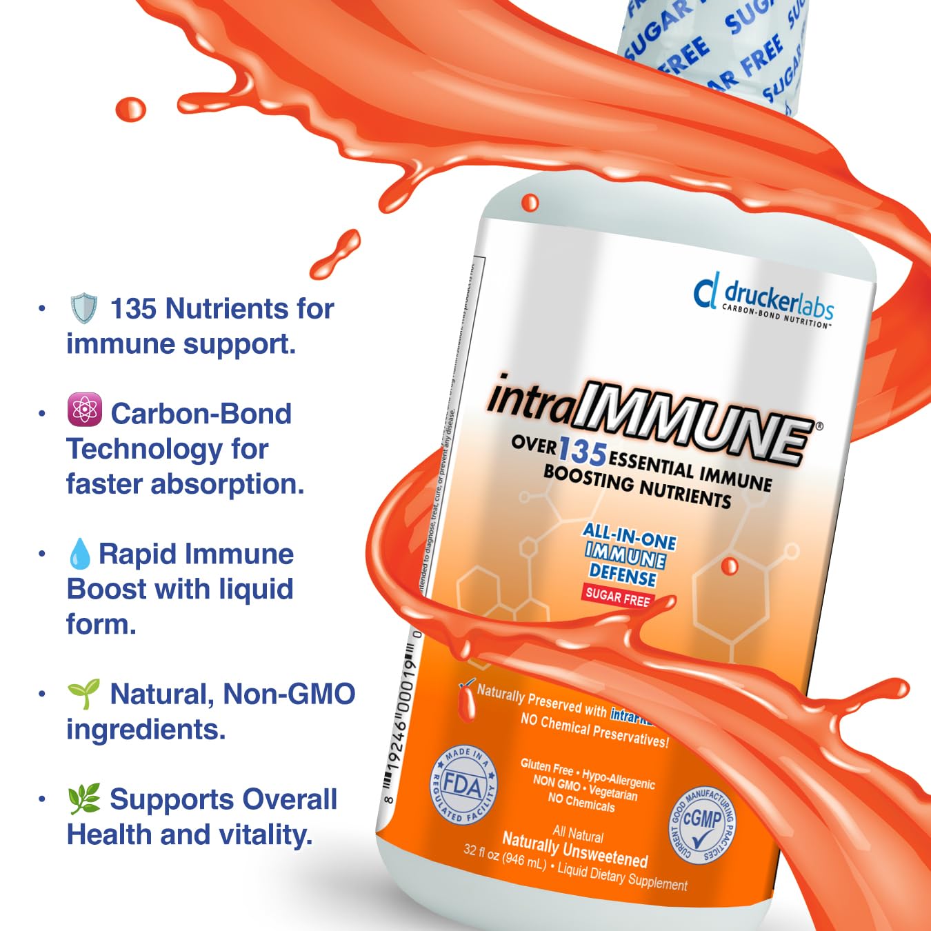 Drucker Labs -intraIMMUNE Organic Liquid Daily Immune & Defense Support, Multivitamin, Elderberry, Echinacea, Zinc, Vitamin D, C E, Vegan, Non GMO, Gluten Free (32 oz., Sugar Free Peach Berry) - dailyvitalstore