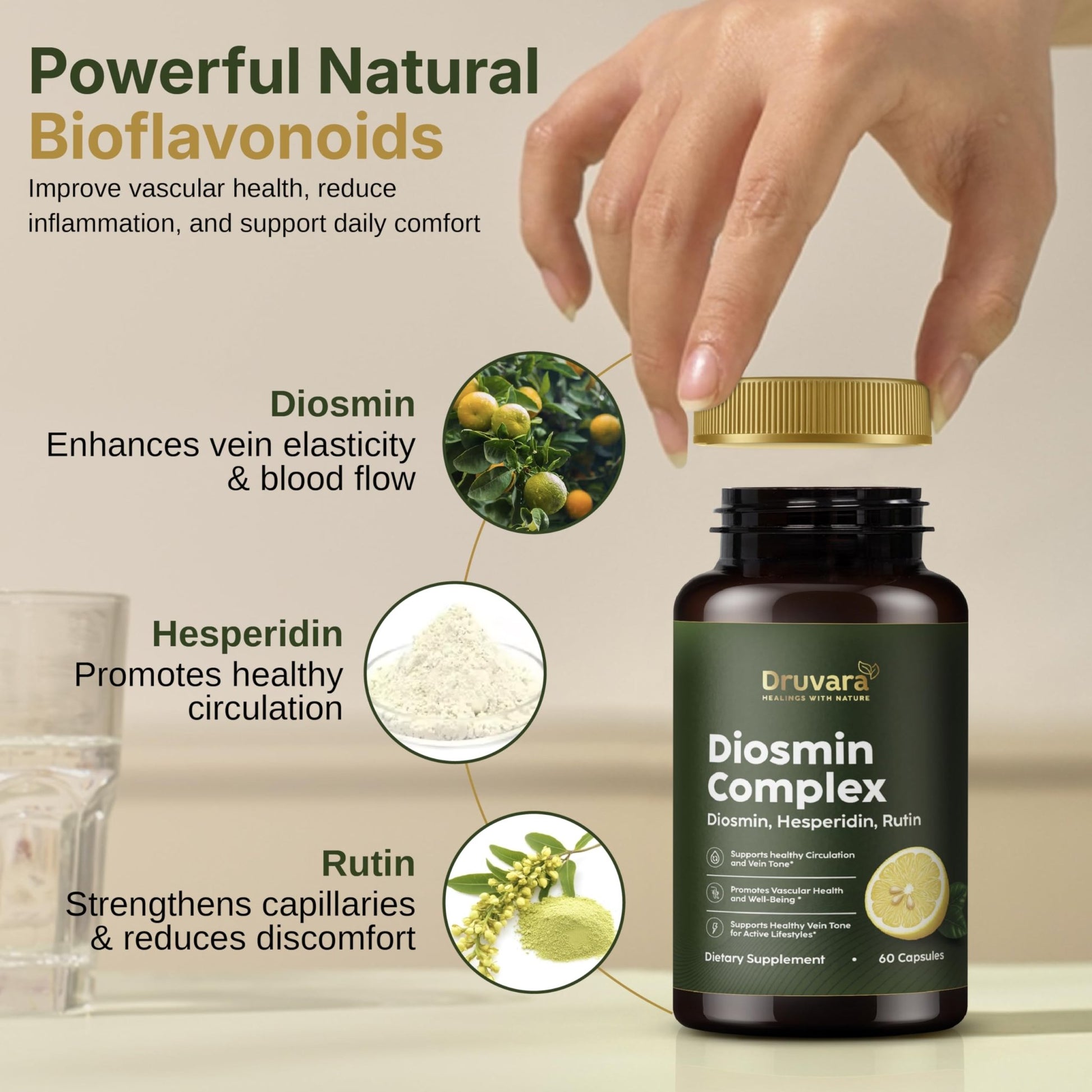 Druvara Diosmin Hesperidin with Rutin & B Vitamins | Vein Support Supplement for Leg Comfort, Healthy Circulation, Vein Strength & Improved Mobility - 60 Capsules - dailyvitalstore