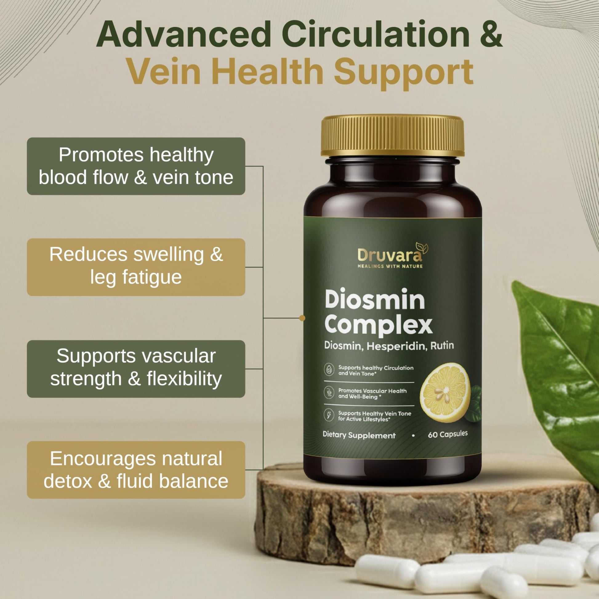Druvara Diosmin Hesperidin with Rutin & B Vitamins | Vein Support Supplement for Leg Comfort, Healthy Circulation, Vein Strength & Improved Mobility - 60 Capsules - dailyvitalstore