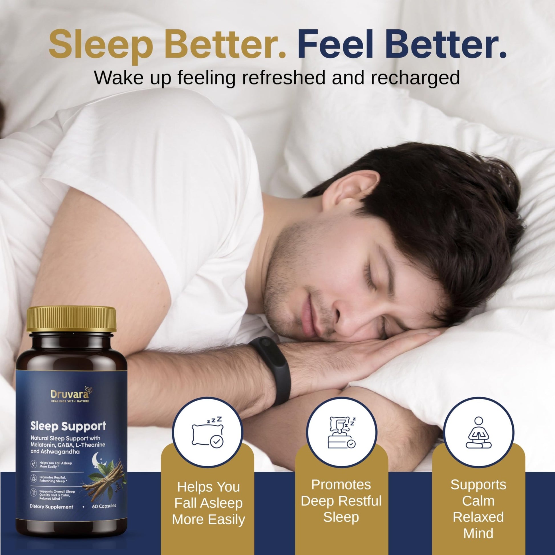 Druvara Natural Sleep Aid for Adults with Melatonin, GABA, L-Theanine & Ashwagandha, Natural Sleep Supplement for Deep, Restful Sleep - 60 Capsules - dailyvitalstore