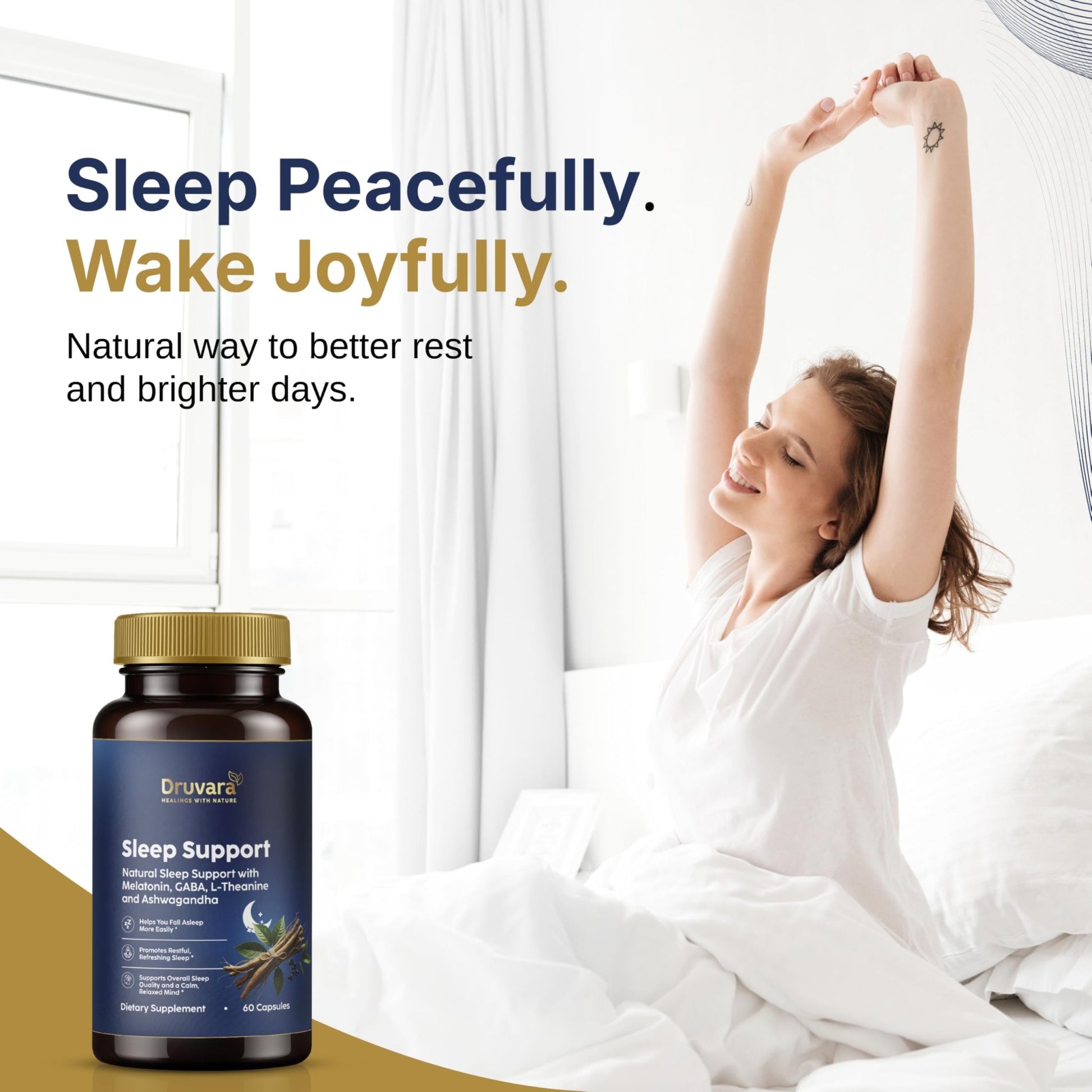Druvara Natural Sleep Aid for Adults with Melatonin, GABA, L-Theanine & Ashwagandha, Natural Sleep Supplement for Deep, Restful Sleep - 60 Capsules - dailyvitalstore