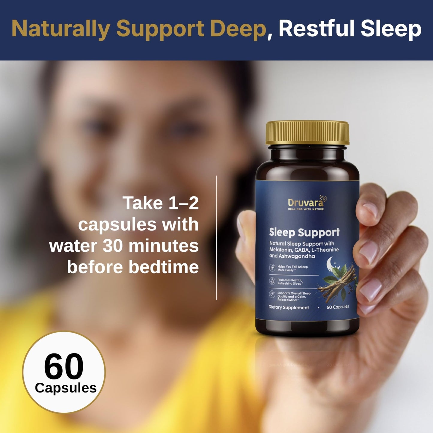 Druvara Natural Sleep Aid for Adults with Melatonin, GABA, L-Theanine & Ashwagandha, Natural Sleep Supplement for Deep, Restful Sleep - 60 Capsules - dailyvitalstore