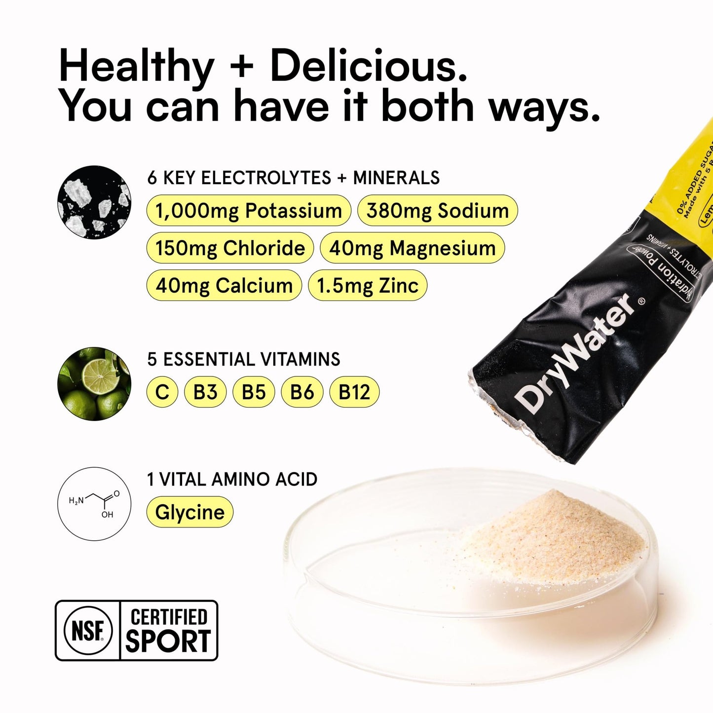 DryWater Electrolyte Powder Packets, Lemon Lime - Hydration Packets Drink Mix with Zero Added Sugar for Rehydration & Energy - 6 Key Electrolytes - dailyvitalstore