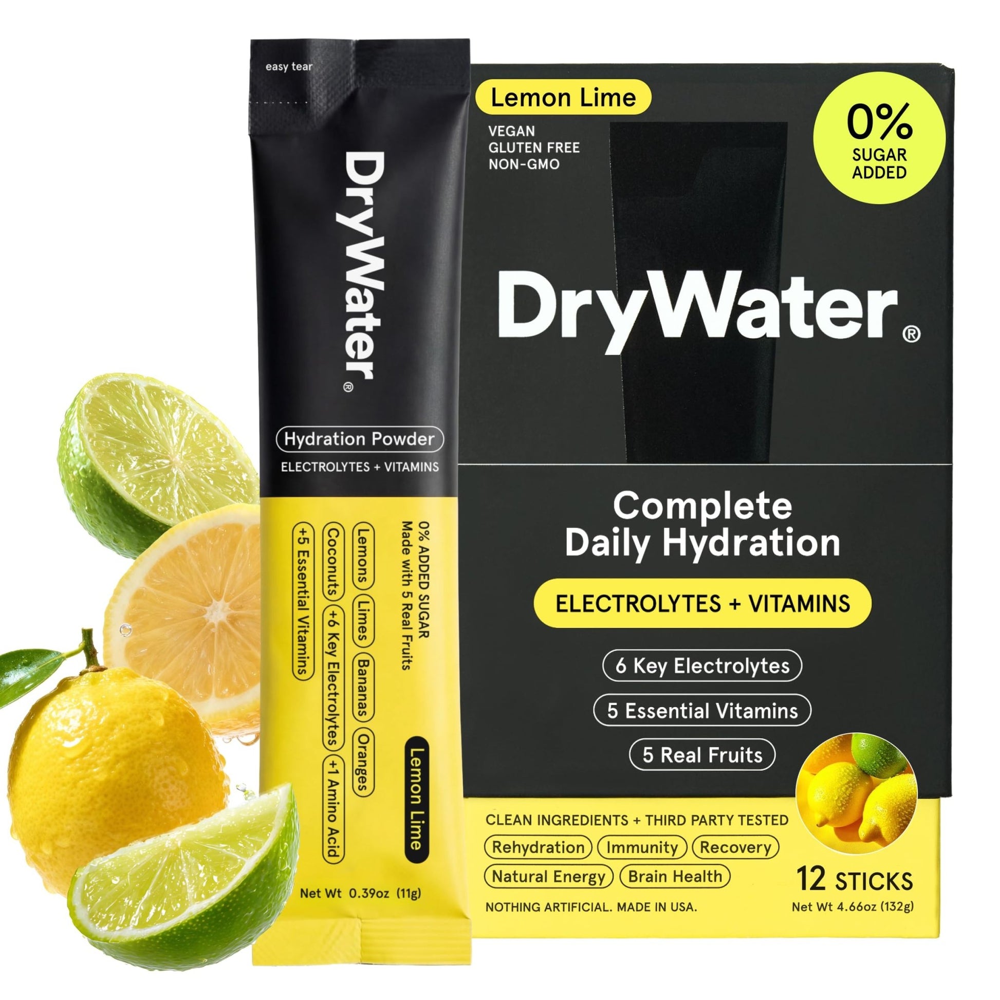 DryWater Electrolyte Powder Packets, Lemon Lime - Hydration Packets Drink Mix with Zero Added Sugar for Rehydration & Energy - 6 Key Electrolytes - dailyvitalstore