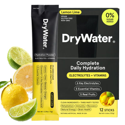 DryWater Electrolyte Powder Packets, Lemon Lime - Hydration Packets Drink Mix with Zero Added Sugar for Rehydration & Energy - 6 Key Electrolytes - dailyvitalstore