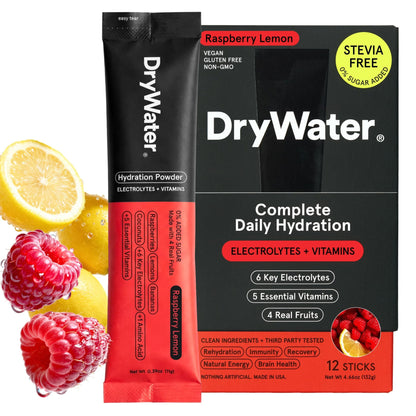 DryWater Electrolyte Powder Packets, Raspberry Lemon - Stevia-Free Hydration Packets Drink Mix with Zero Added Sugar for Rehydration & Energy - 6 Key Electrolytes - dailyvitalstore