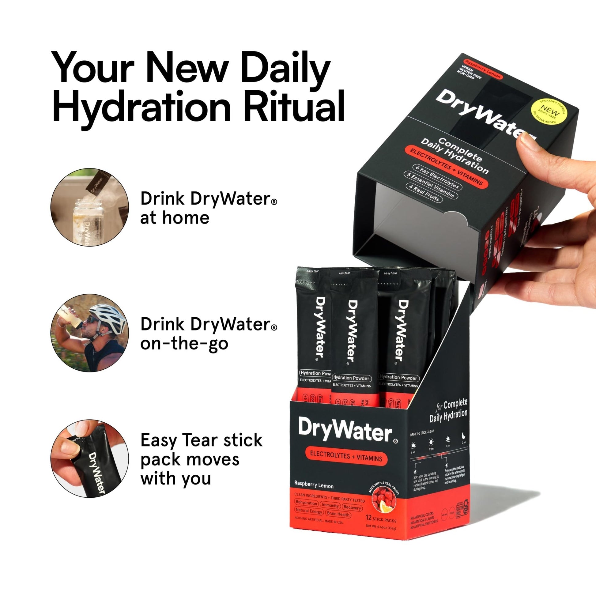 DryWater Electrolyte Powder Packets, Raspberry Lemon - Stevia-Free Hydration Packets Drink Mix with Zero Added Sugar for Rehydration & Energy - 6 Key Electrolytes - dailyvitalstore