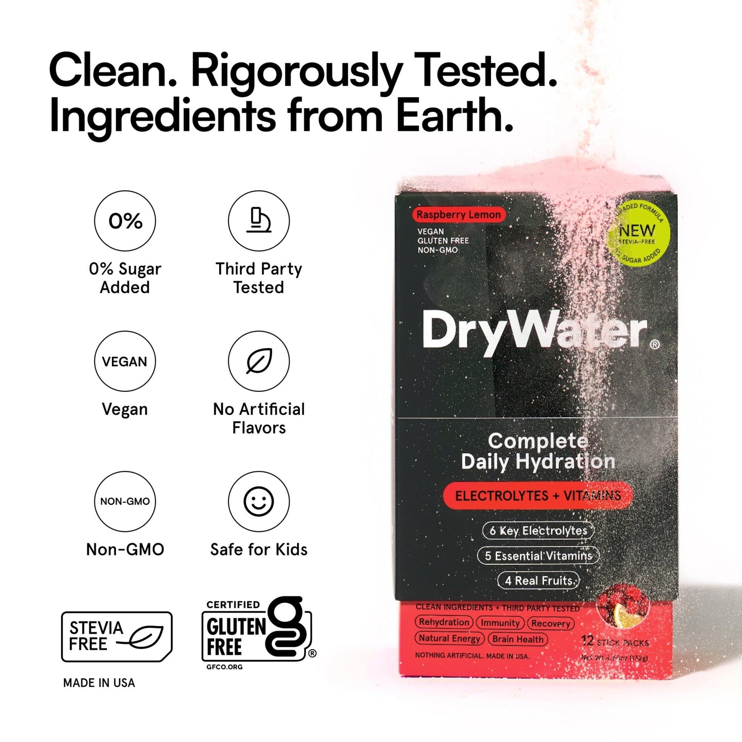 DryWater Electrolyte Powder Packets, Raspberry Lemon - Stevia-Free Hydration Packets Drink Mix with Zero Added Sugar for Rehydration & Energy - 6 Key Electrolytes - dailyvitalstore