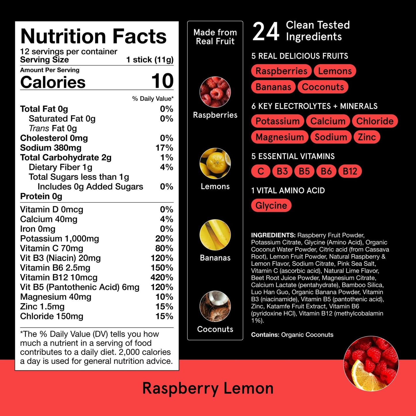 DryWater Electrolyte Powder Packets, Raspberry Lemon - Stevia-Free Hydration Packets Drink Mix with Zero Added Sugar for Rehydration & Energy - 6 Key Electrolytes - dailyvitalstore
