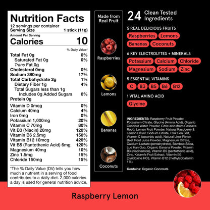 DryWater Electrolyte Powder Packets, Raspberry Lemon - Stevia-Free Hydration Packets Drink Mix with Zero Added Sugar for Rehydration & Energy - 6 Key Electrolytes - dailyvitalstore