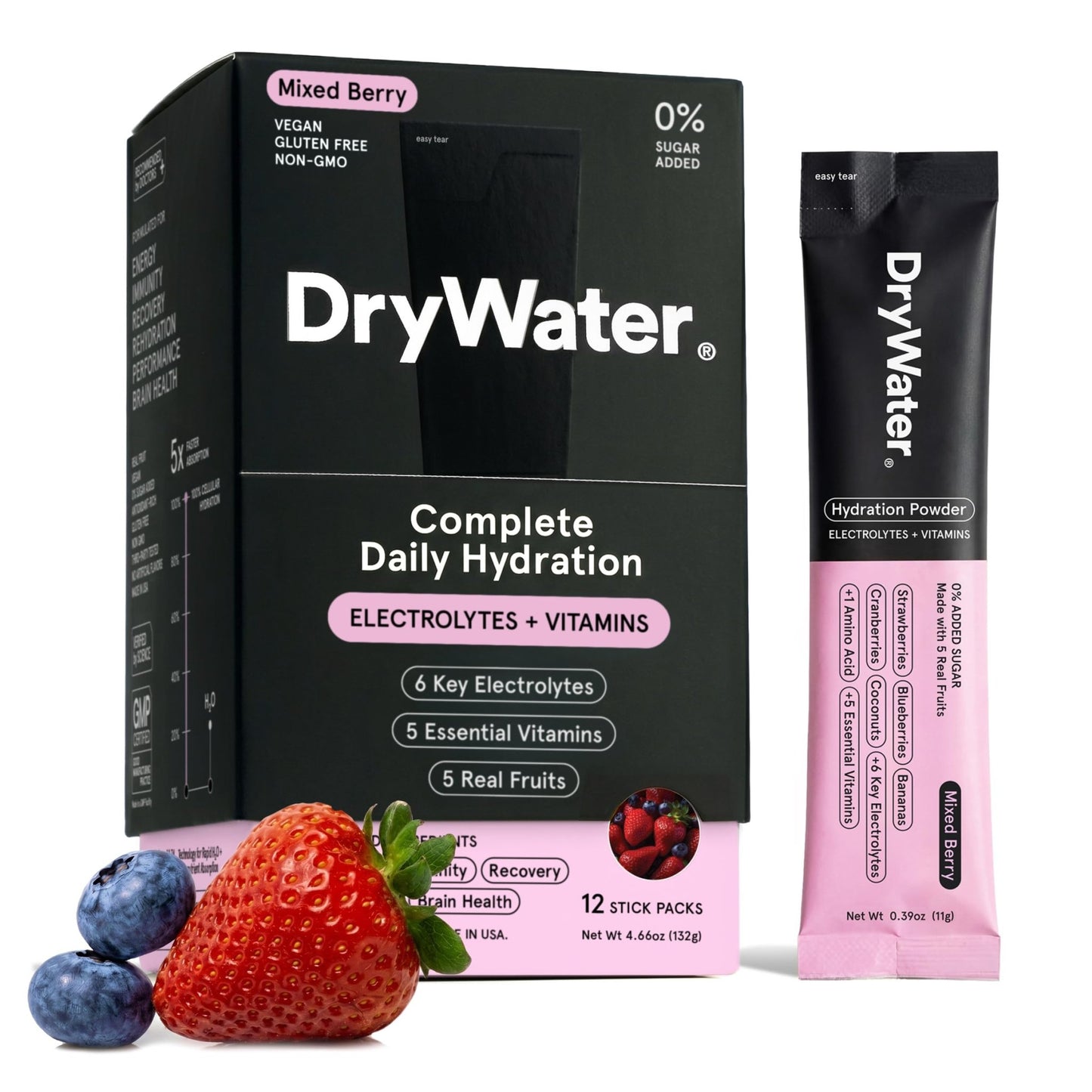 DryWater® Electrolyte + Vitamin Hydration Powder Packets – Mixed Berry, 1,000mg Potassium, Real Organic Fruit, NSF Certified for Sport, - dailyvitalstore