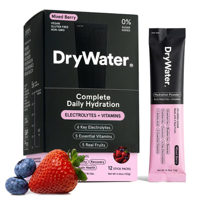 DryWater® Electrolyte + Vitamin Hydration Powder Packets – Mixed Berry, 1,000mg Potassium, Real Organic Fruit, NSF Certified for Sport, - dailyvitalstore