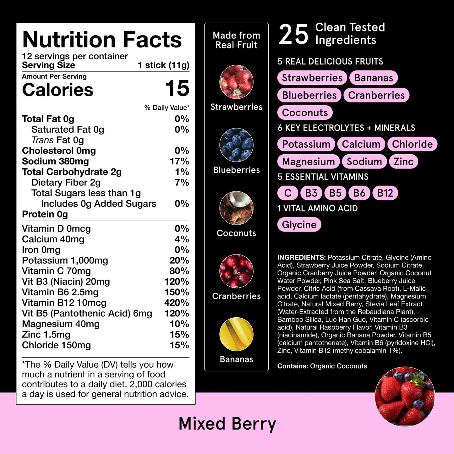 DryWater® Electrolyte + Vitamin Hydration Powder Packets – Mixed Berry, 1,000mg Potassium, Real Organic Fruit, NSF Certified for Sport, - dailyvitalstore