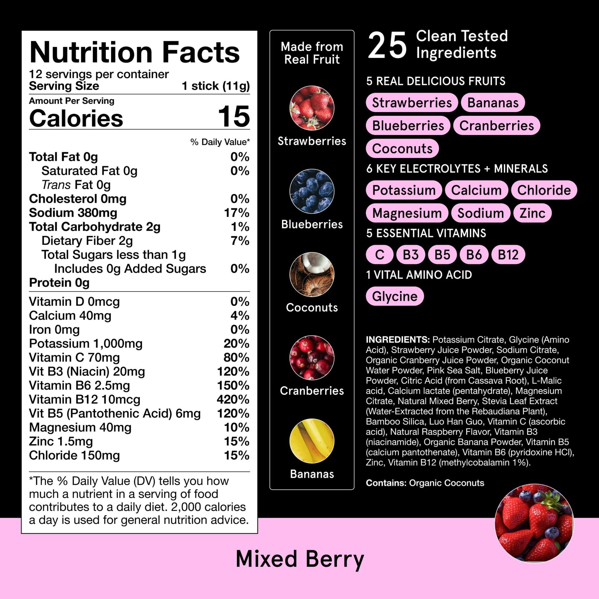 DryWater® Electrolyte + Vitamin Hydration Powder Packets – Mixed Berry, 1,000mg Potassium, Real Organic Fruit, NSF Certified for Sport, - dailyvitalstore