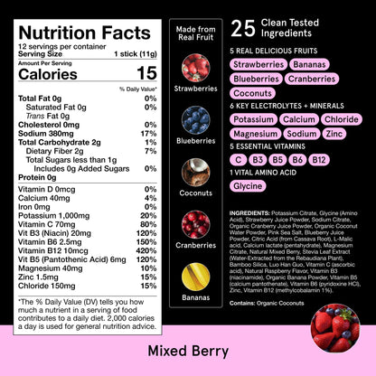 DryWater® Electrolyte + Vitamin Hydration Powder Packets – Mixed Berry, 1,000mg Potassium, Real Organic Fruit, NSF Certified for Sport, - dailyvitalstore