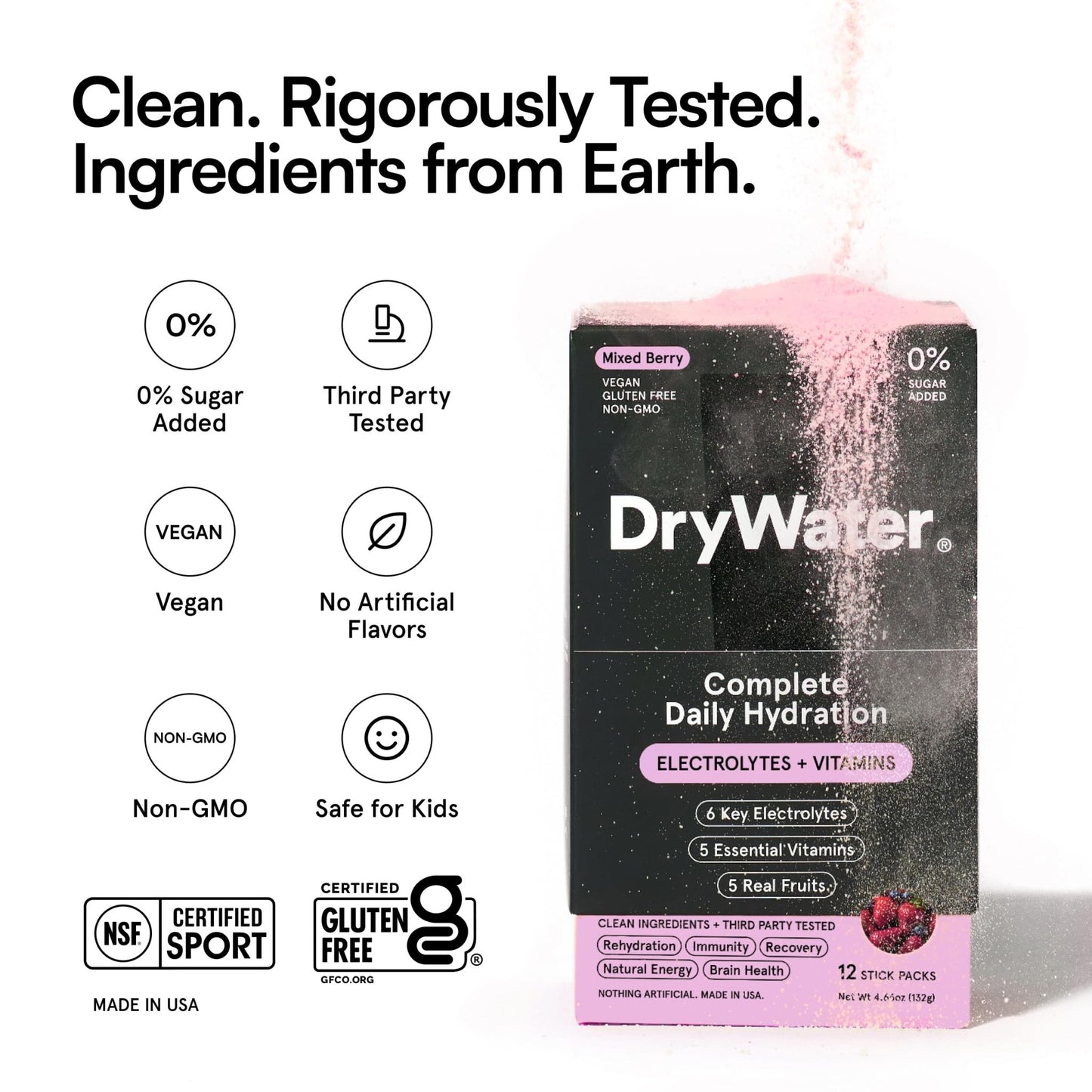 DryWater® Electrolyte + Vitamin Hydration Powder Packets – Mixed Berry, 1,000mg Potassium, Real Organic Fruit, NSF Certified for Sport, - dailyvitalstore