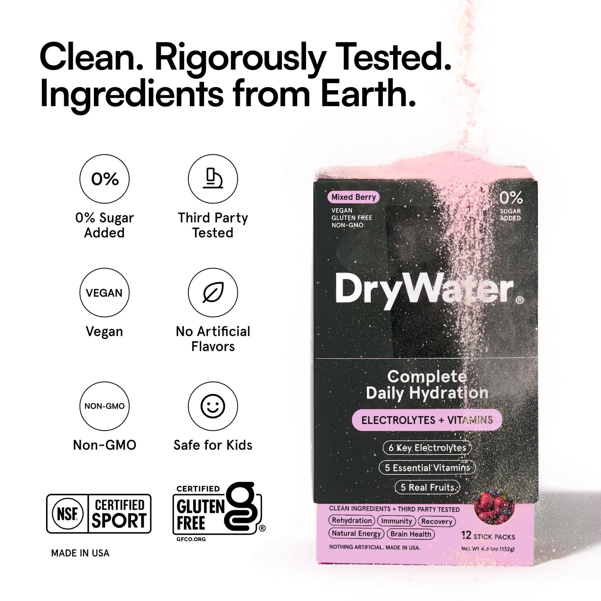 DryWater® Electrolyte + Vitamin Hydration Powder Packets – Mixed Berry, 1,000mg Potassium, Real Organic Fruit, NSF Certified for Sport, - dailyvitalstore