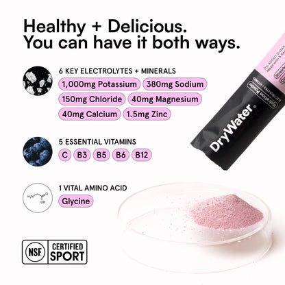 DryWater® Electrolyte + Vitamin Hydration Powder Packets – Mixed Berry, 1,000mg Potassium, Real Organic Fruit, NSF Certified for Sport, - dailyvitalstore
