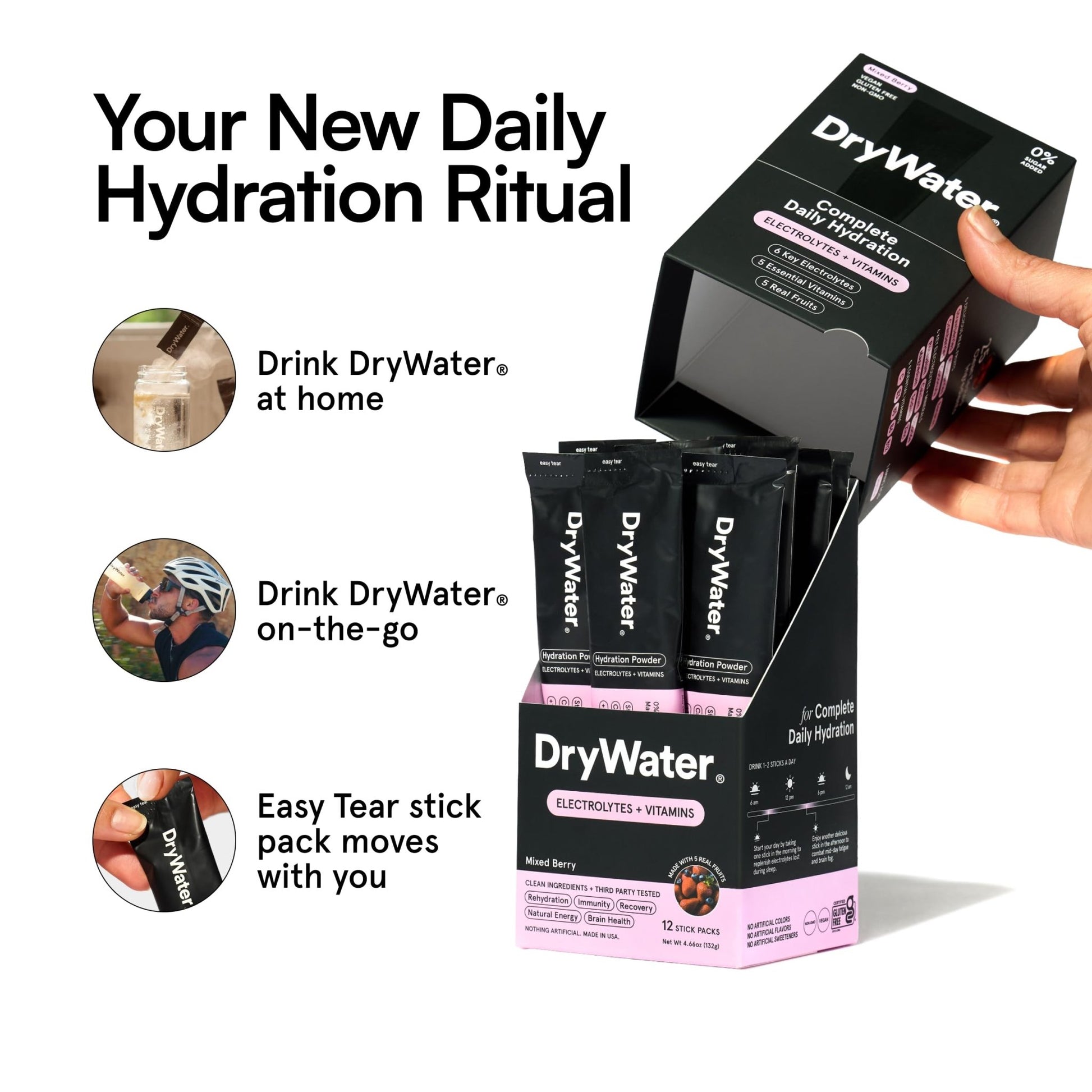 DryWater® Electrolyte + Vitamin Hydration Powder Packets – Mixed Berry, 1,000mg Potassium, Real Organic Fruit, NSF Certified for Sport, - dailyvitalstore