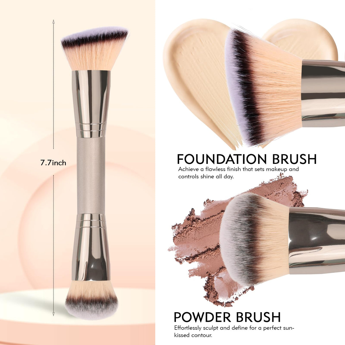Dual-Ended Foundation Brush: Round & Angled Pro-Grade makeup brushes, 100% Vegan Synthetic Makeup Brush for Flawless Blending and Application of Liquid, Powder, Cream, Blush - dailyvitalstore