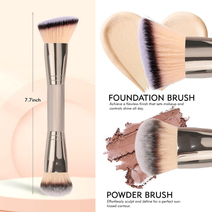 Dual-Ended Foundation Brush: Round & Angled Pro-Grade makeup brushes, 100% Vegan Synthetic Makeup Brush for Flawless Blending and Application of Liquid, Powder, Cream, Blush - dailyvitalstore
