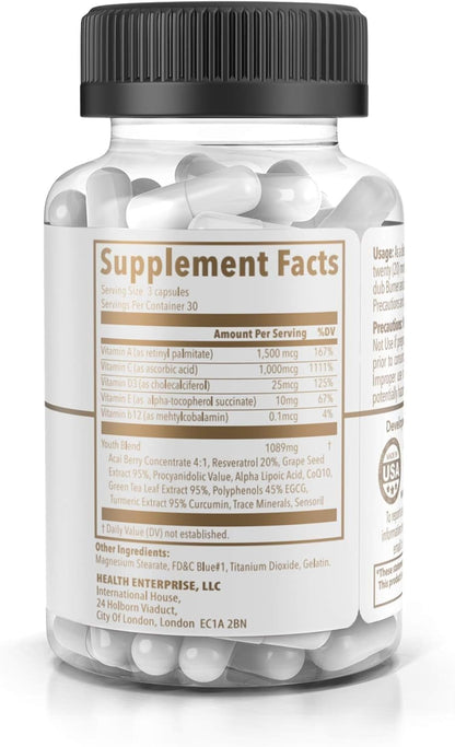 Dub Nutrition Youth - Formula with Acai, Resveratrol, Curcumin, Vitamins A, C, D, E, B12, and CoQ10 - Supports Immunity and Mobility - 90 Capsules - dailyvitalstore