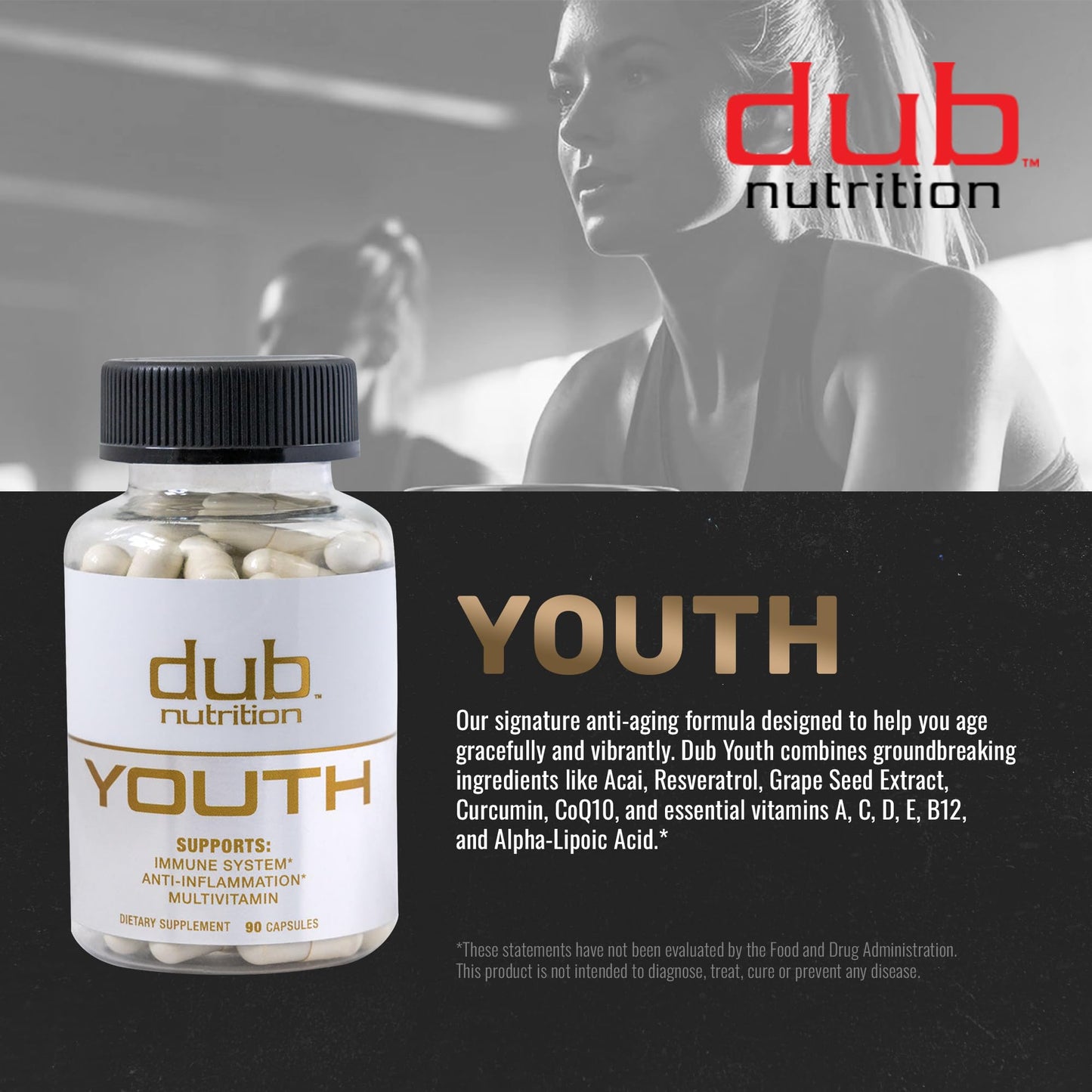 Dub Nutrition Youth - Formula with Acai, Resveratrol, Curcumin, Vitamins A, C, D, E, B12, and CoQ10 - Supports Immunity and Mobility - 90 Capsules - dailyvitalstore