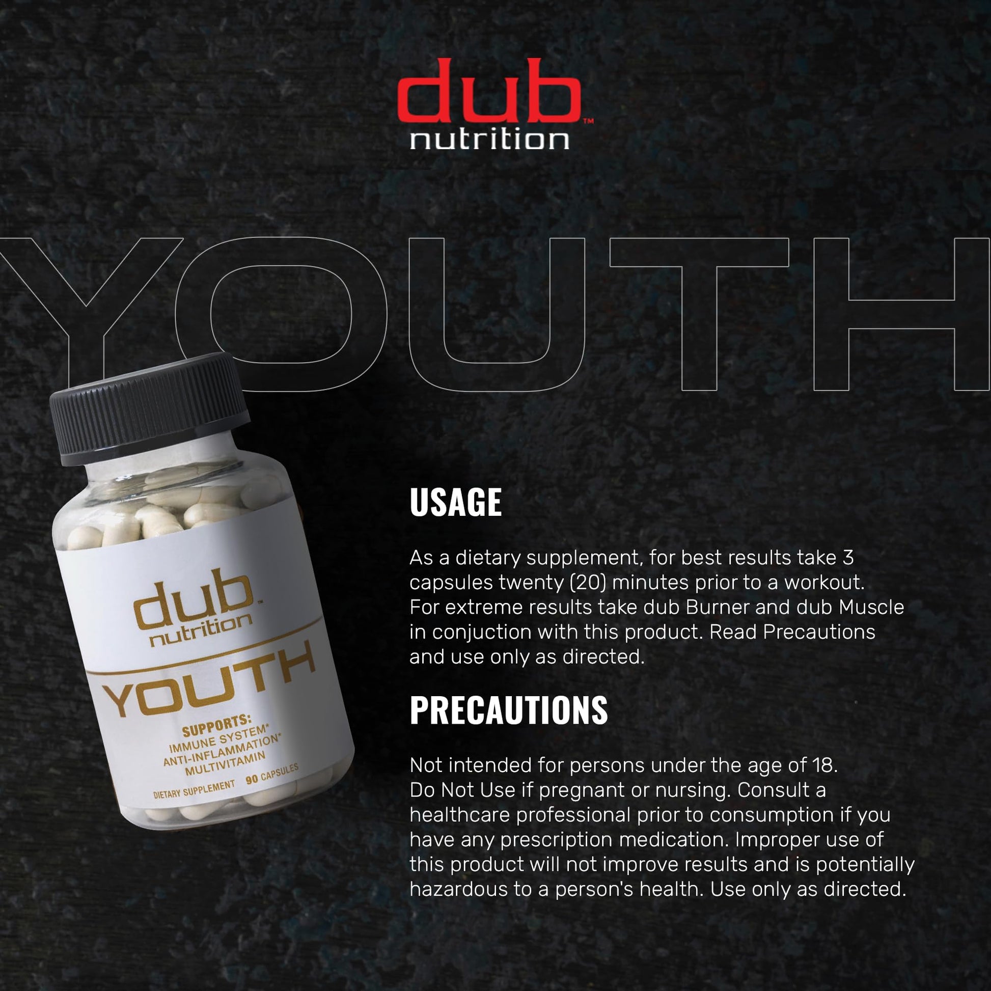 Dub Nutrition Youth - Formula with Acai, Resveratrol, Curcumin, Vitamins A, C, D, E, B12, and CoQ10 - Supports Immunity and Mobility - 90 Capsules - dailyvitalstore