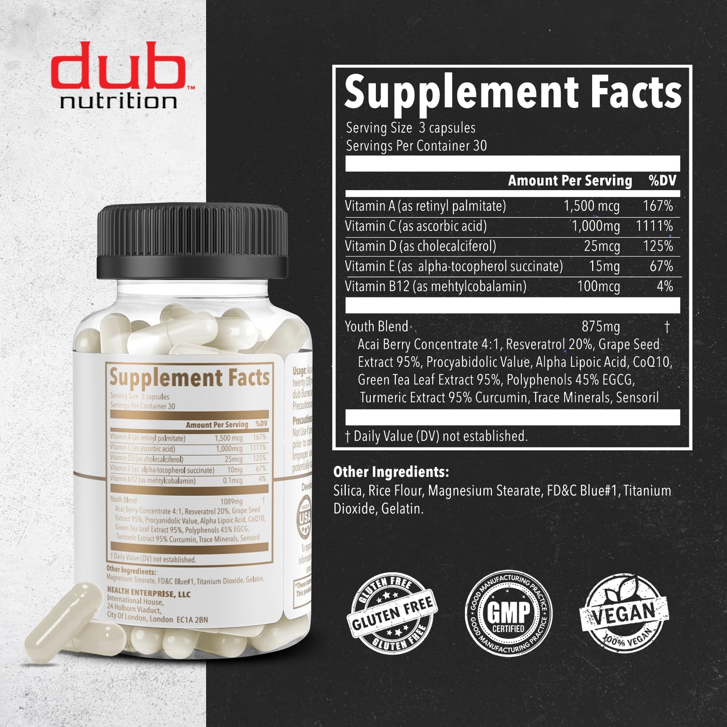 Dub Nutrition Youth - Formula with Acai, Resveratrol, Curcumin, Vitamins A, C, D, E, B12, and CoQ10 - Supports Immunity and Mobility - 90 Capsules - dailyvitalstore