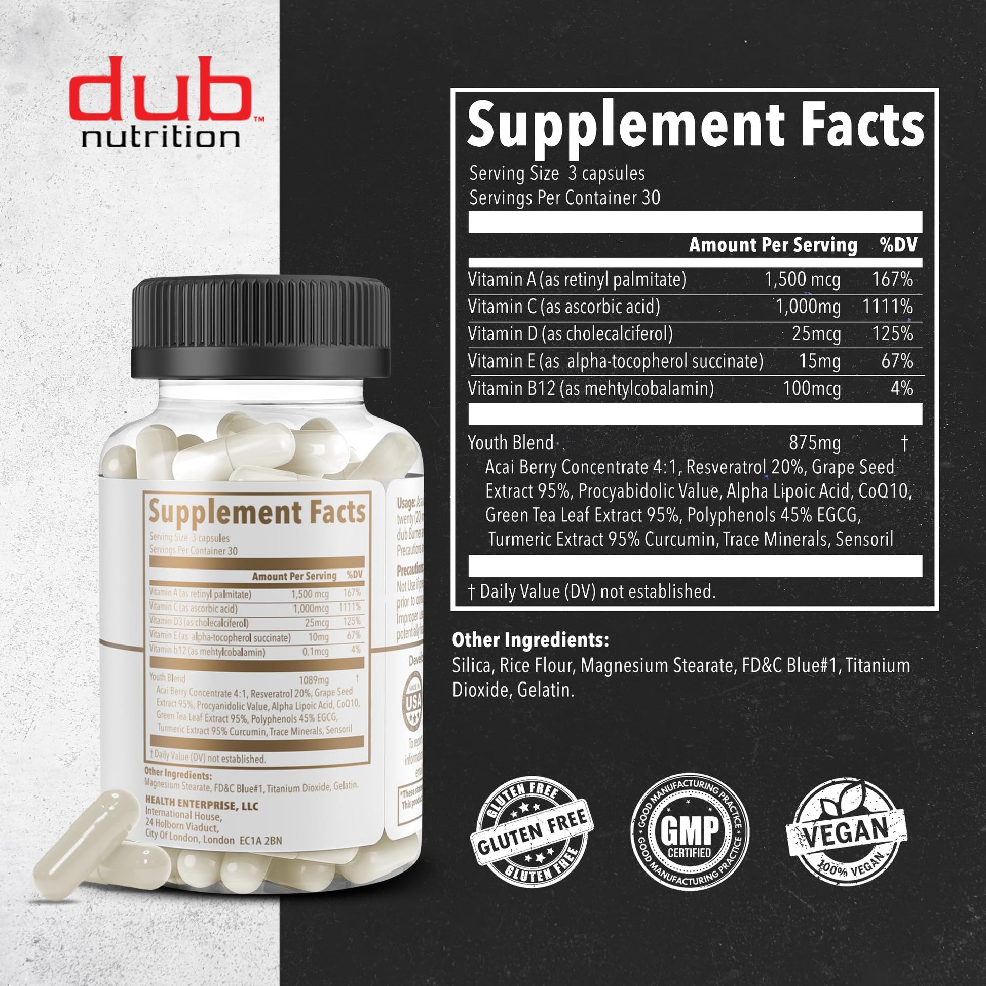 Dub Nutrition Youth - Formula with Acai, Resveratrol, Curcumin, Vitamins A, C, D, E, B12, and CoQ10 - Supports Immunity and Mobility - 90 Capsules - dailyvitalstore