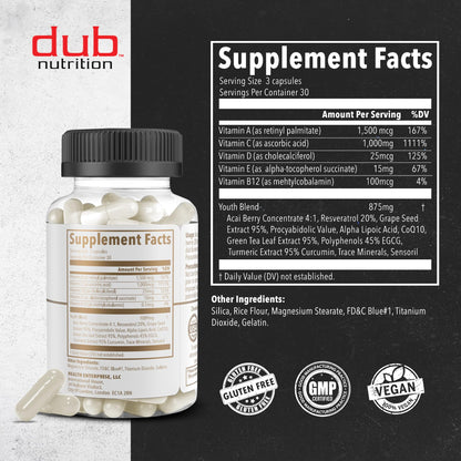 Dub Nutrition Youth - Formula with Acai, Resveratrol, Curcumin, Vitamins A, C, D, E, B12, and CoQ10 - Supports Immunity and Mobility - 90 Capsules - dailyvitalstore