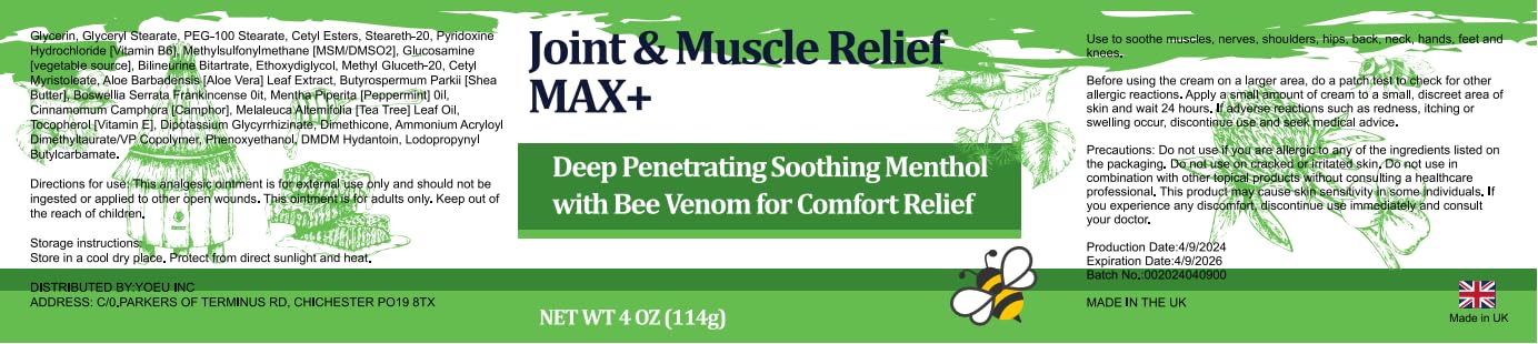 DUBOONAIO Max Energy Bee Venom Cream, Muscle Joint Soothing Cream, Pure Natural, for Back, Neck, Hands, Feet, Shoulder, Leg, Knee, Ankle Care - dailyvitalstore