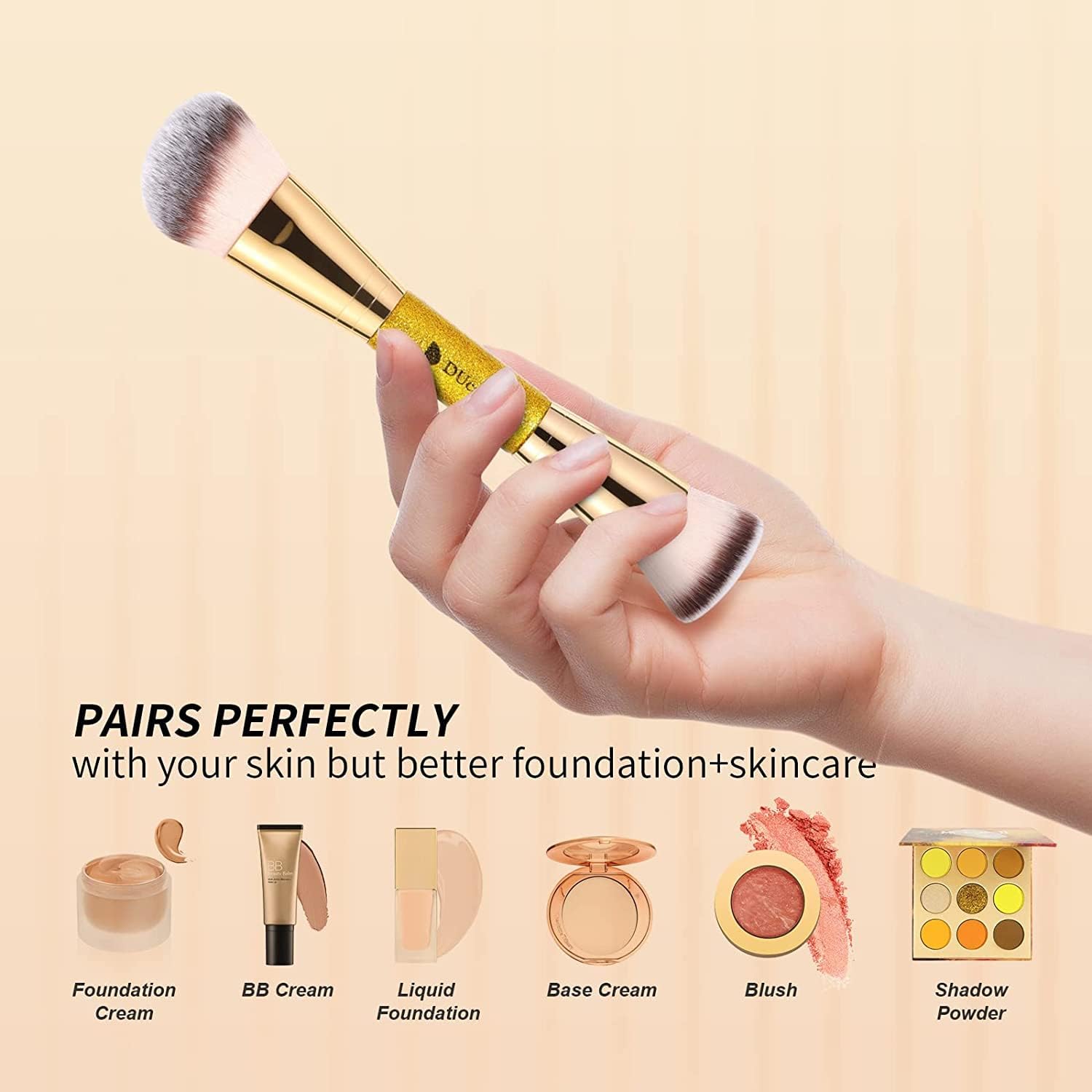 DUcare Dual End Foundation Contour Bronzer Brush, Gold Glitter Handle Double Ended Professional Face Makeup Tool for Liquid Cream Powder - dailyvitalstore