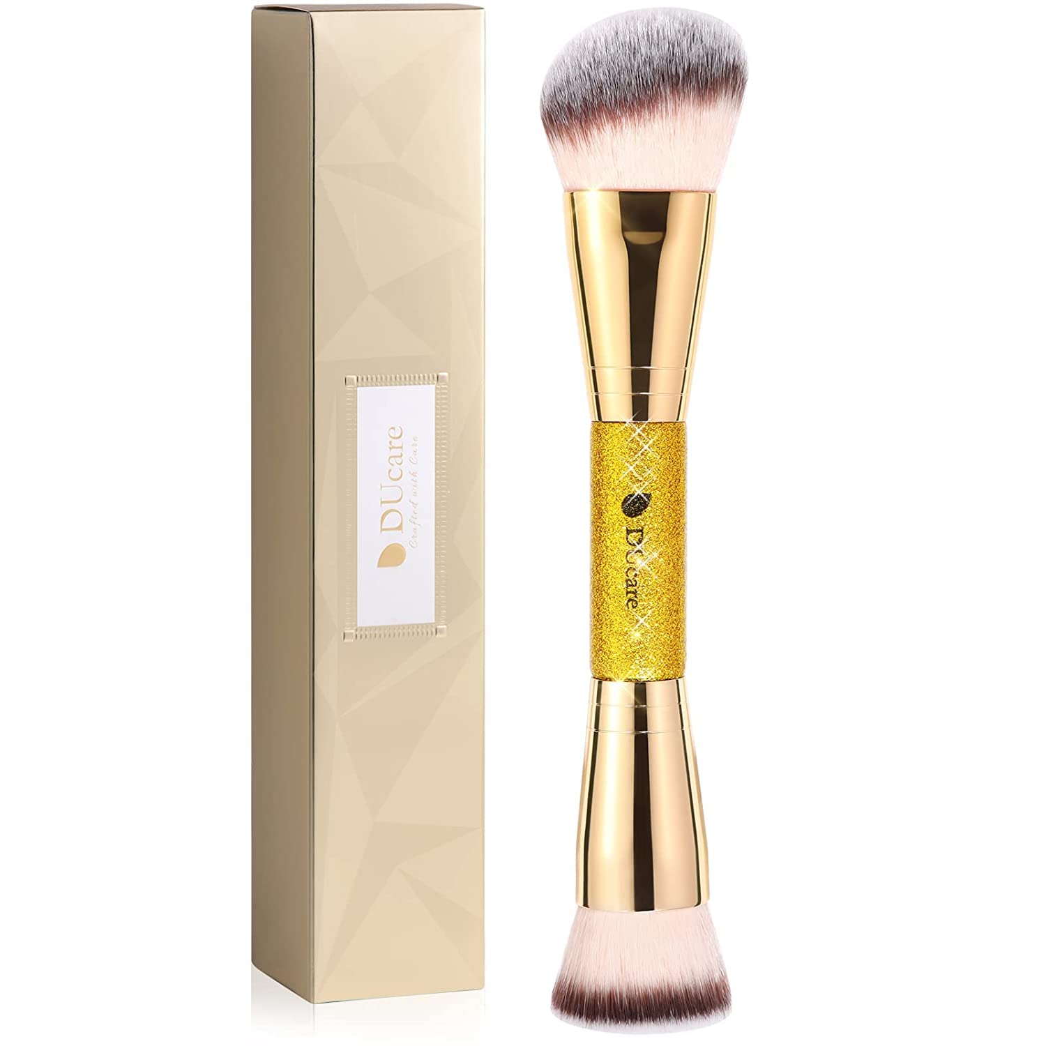 DUcare Dual End Foundation Contour Bronzer Brush, Gold Glitter Handle Double Ended Professional Face Makeup Tool for Liquid Cream Powder - dailyvitalstore