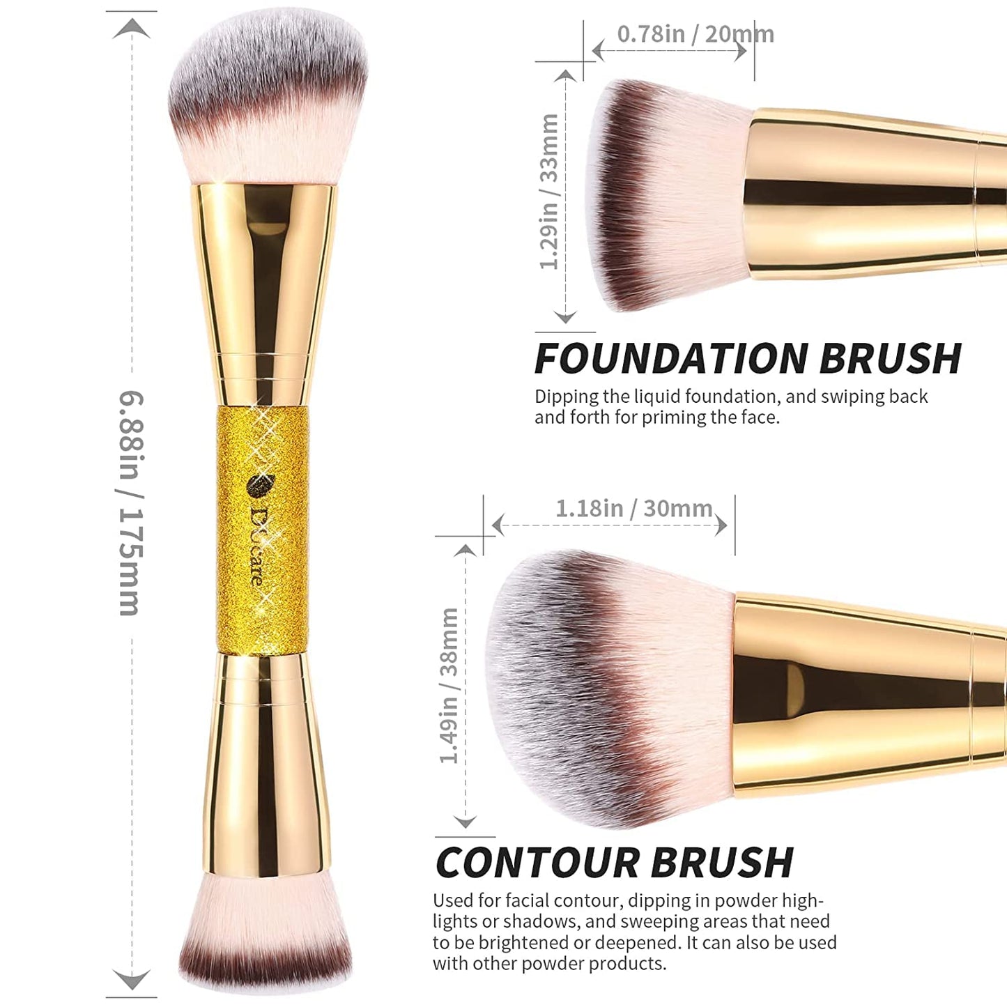 DUcare Dual End Foundation Contour Bronzer Brush, Gold Glitter Handle Double Ended Professional Face Makeup Tool for Liquid Cream Powder - dailyvitalstore