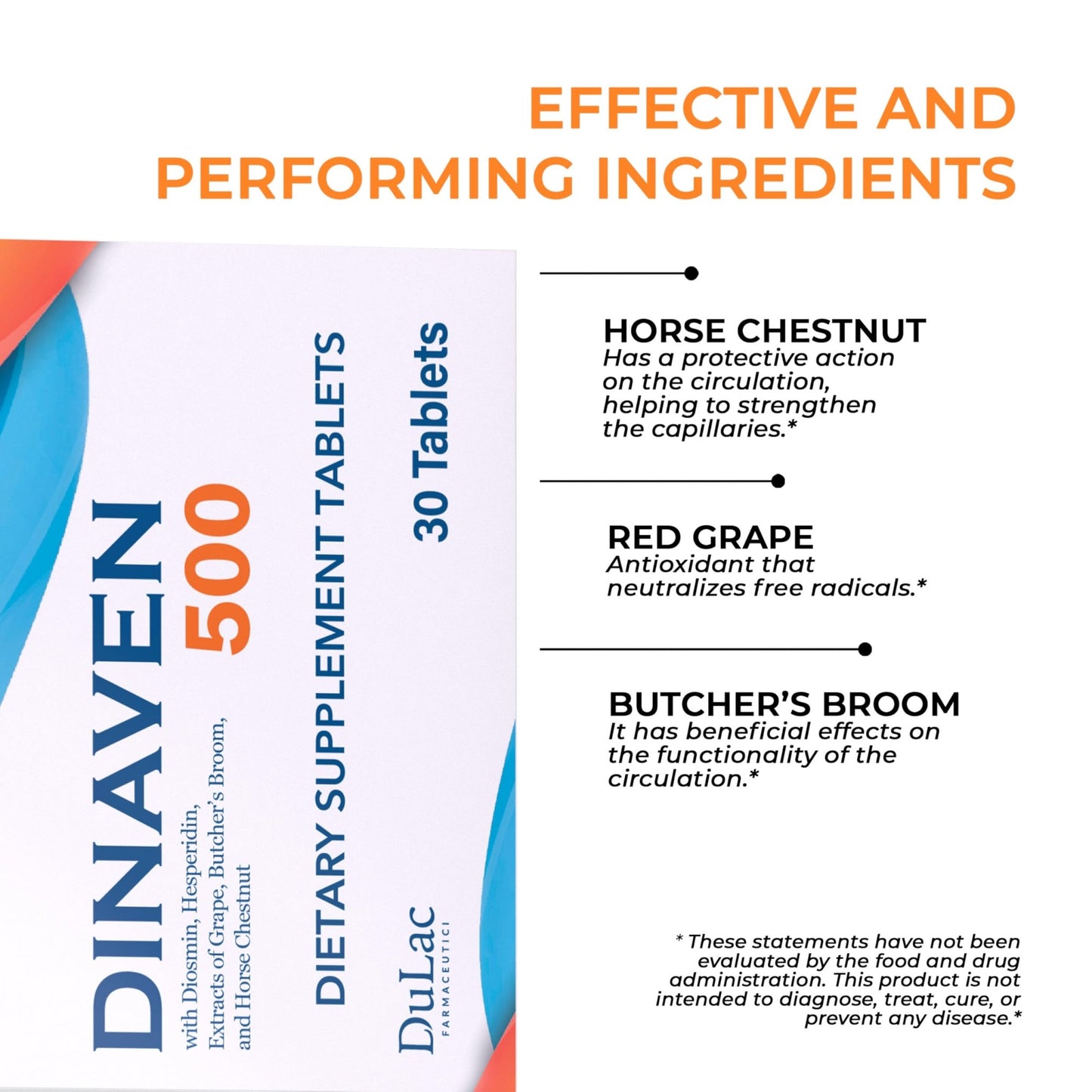 Dulac Dinaven 500, Micronized Diosmin Hesperidin Dietary Supplement 1000mg per serving, Horse Chestnut Extract, Butcher’s Broom & Red Grape Extract, Leg Circulation Support, 30 Tablets, Made in Italy - dailyvitalstore