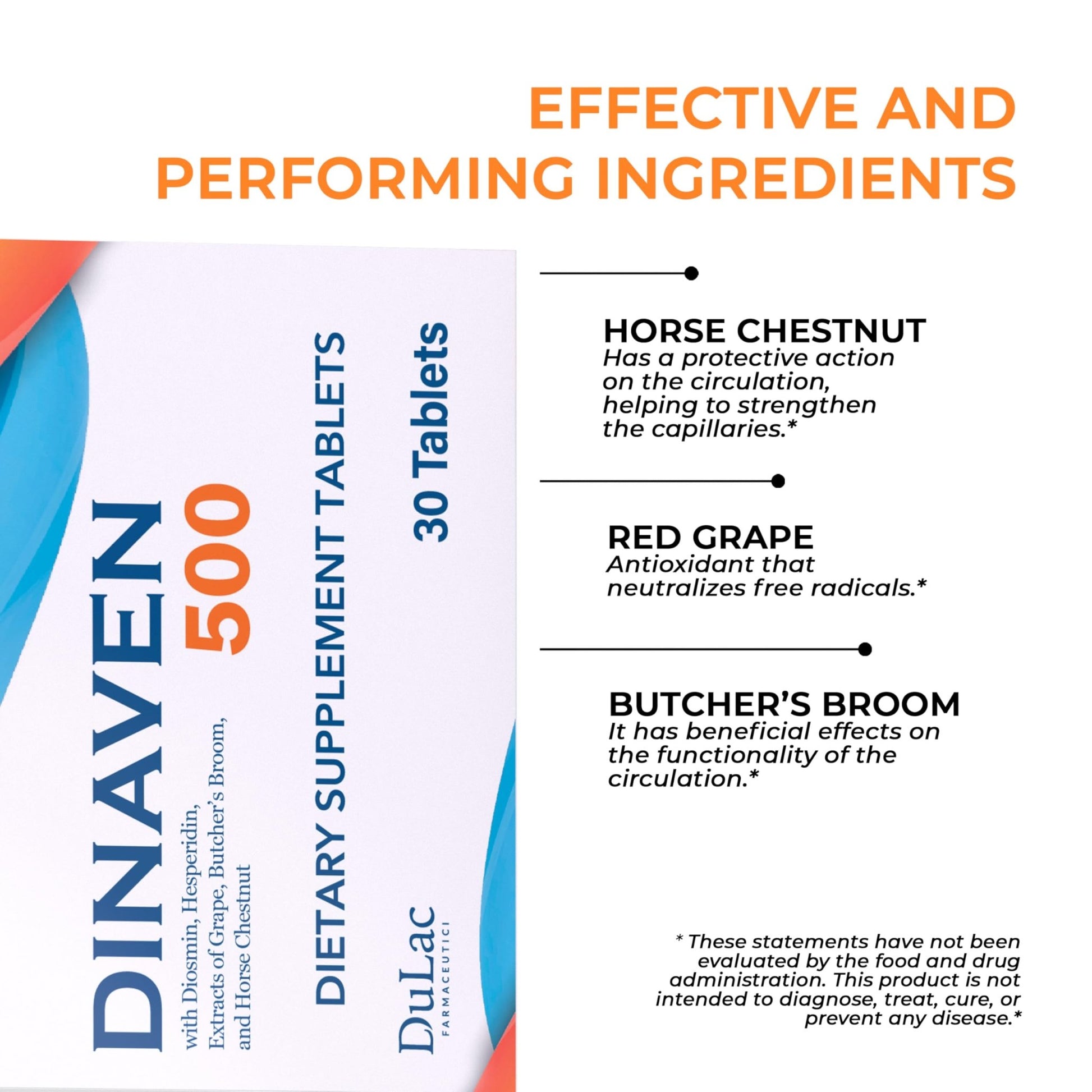 Dulac Dinaven 500, Micronized Diosmin Hesperidin Dietary Supplement 1000mg per serving, Horse Chestnut Extract, Butcher’s Broom & Red Grape Extract, Leg Circulation Support, 30 Tablets, Made in Italy - dailyvitalstore