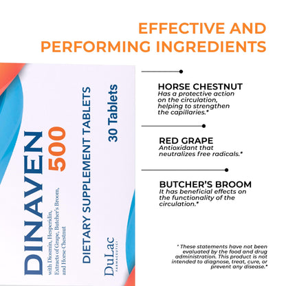Dulac Dinaven 500, Micronized Diosmin Hesperidin Dietary Supplement 1000mg per serving, Horse Chestnut Extract, Butcher’s Broom & Red Grape Extract, Leg Circulation Support, 30 Tablets, Made in Italy - dailyvitalstore