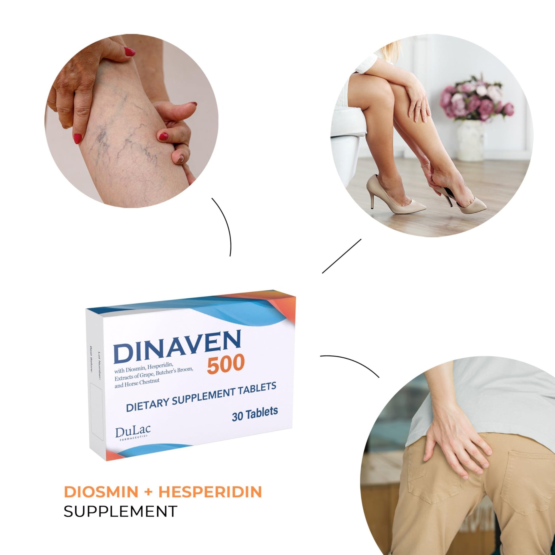 Dulac Dinaven 500, Micronized Diosmin Hesperidin Dietary Supplement 1000mg per serving, Horse Chestnut Extract, Butcher’s Broom & Red Grape Extract, Leg Circulation Support, 30 Tablets, Made in Italy - dailyvitalstore