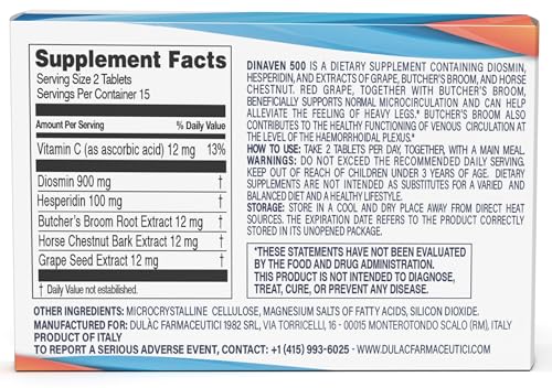 Dulac Dinaven 500, Micronized Diosmin Hesperidin Dietary Supplement 1000mg per serving, Horse Chestnut Extract, Butcher’s Broom & Red Grape Extract, Leg Circulation Support, 30 Tablets, Made in Italy - dailyvitalstore