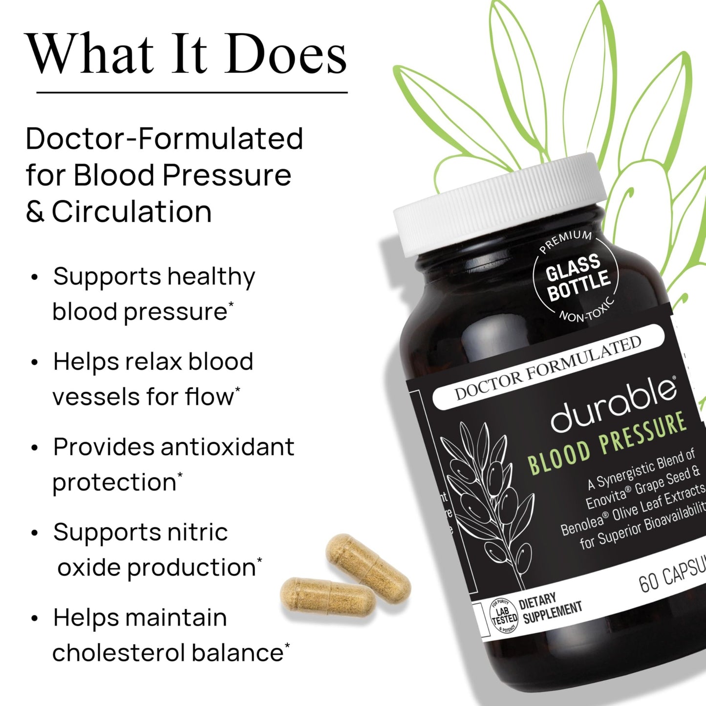 Durable Blood Pressure – Benolea Olive Leaf & Enovita Grape Seed Extract – Healthy Circulation, Nitric Oxide & Artery Support – Doctor Formulated, Vegan, Non-GMO, Made in USA (60 Capsules) - dailyvitalstore