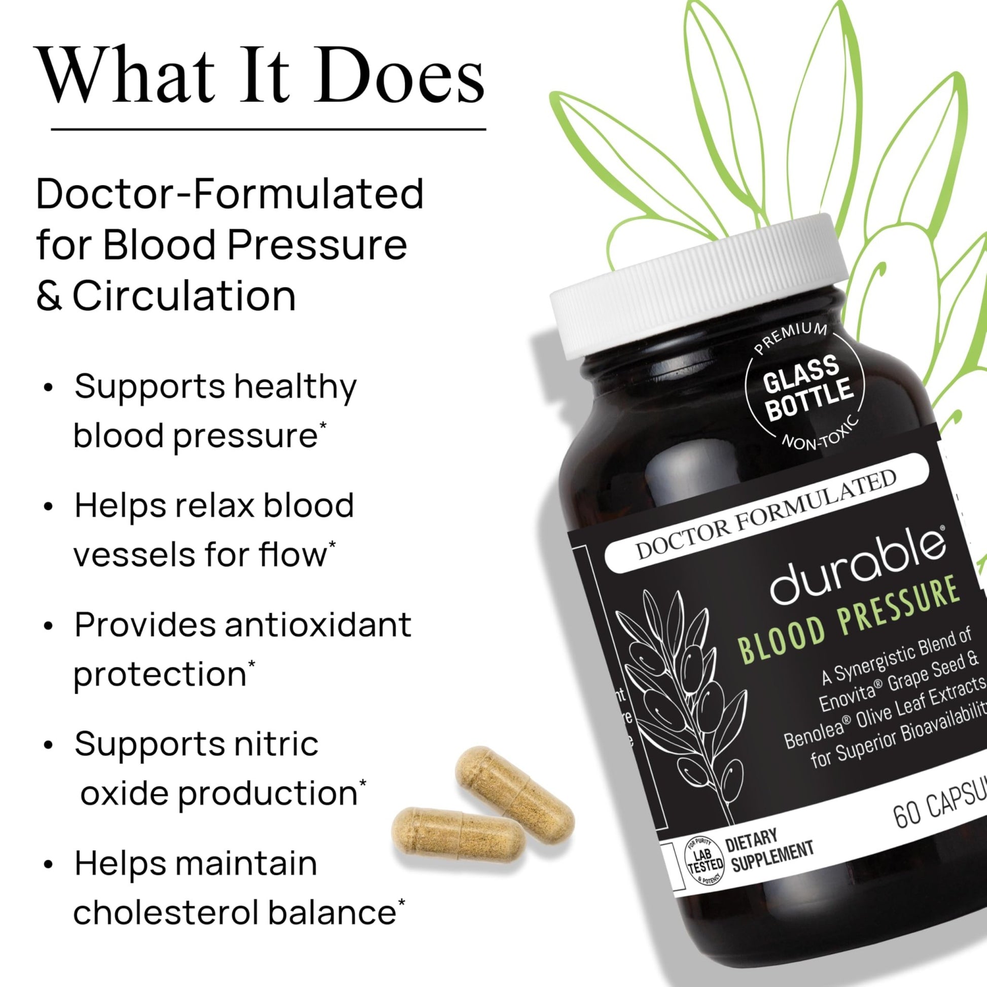 Durable Blood Pressure – Benolea Olive Leaf & Enovita Grape Seed Extract – Healthy Circulation, Nitric Oxide & Artery Support – Doctor Formulated, Vegan, Non-GMO, Made in USA (60 Capsules) - dailyvitalstore