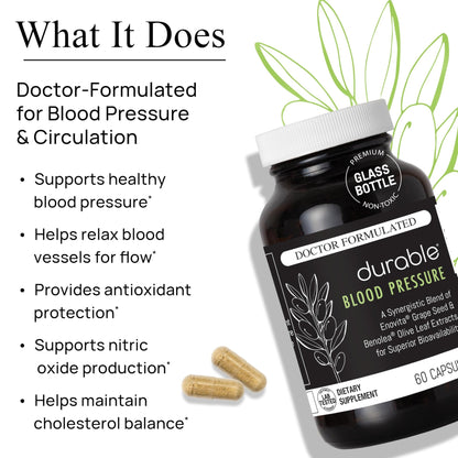 Durable Blood Pressure – Benolea Olive Leaf & Enovita Grape Seed Extract – Healthy Circulation, Nitric Oxide & Artery Support – Doctor Formulated, Vegan, Non-GMO, Made in USA (60 Capsules) - dailyvitalstore