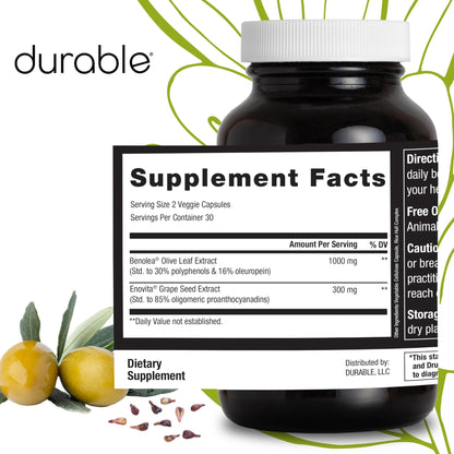 Durable Blood Pressure – Benolea Olive Leaf & Enovita Grape Seed Extract – Healthy Circulation, Nitric Oxide & Artery Support – Doctor Formulated, Vegan, Non-GMO, Made in USA (60 Capsules) - dailyvitalstore