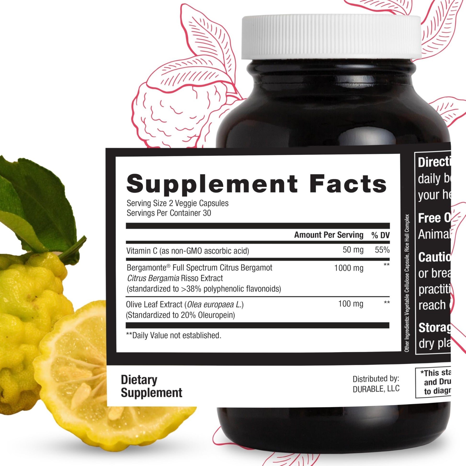Durable Heart Bergamonte Citrus Bergamot 1000mg + Olive Leaf and Vitamin C Healthy-Cardiovascular Formula for Rate and Pressure, Healthy Cholesterol Pills - dailyvitalstore
