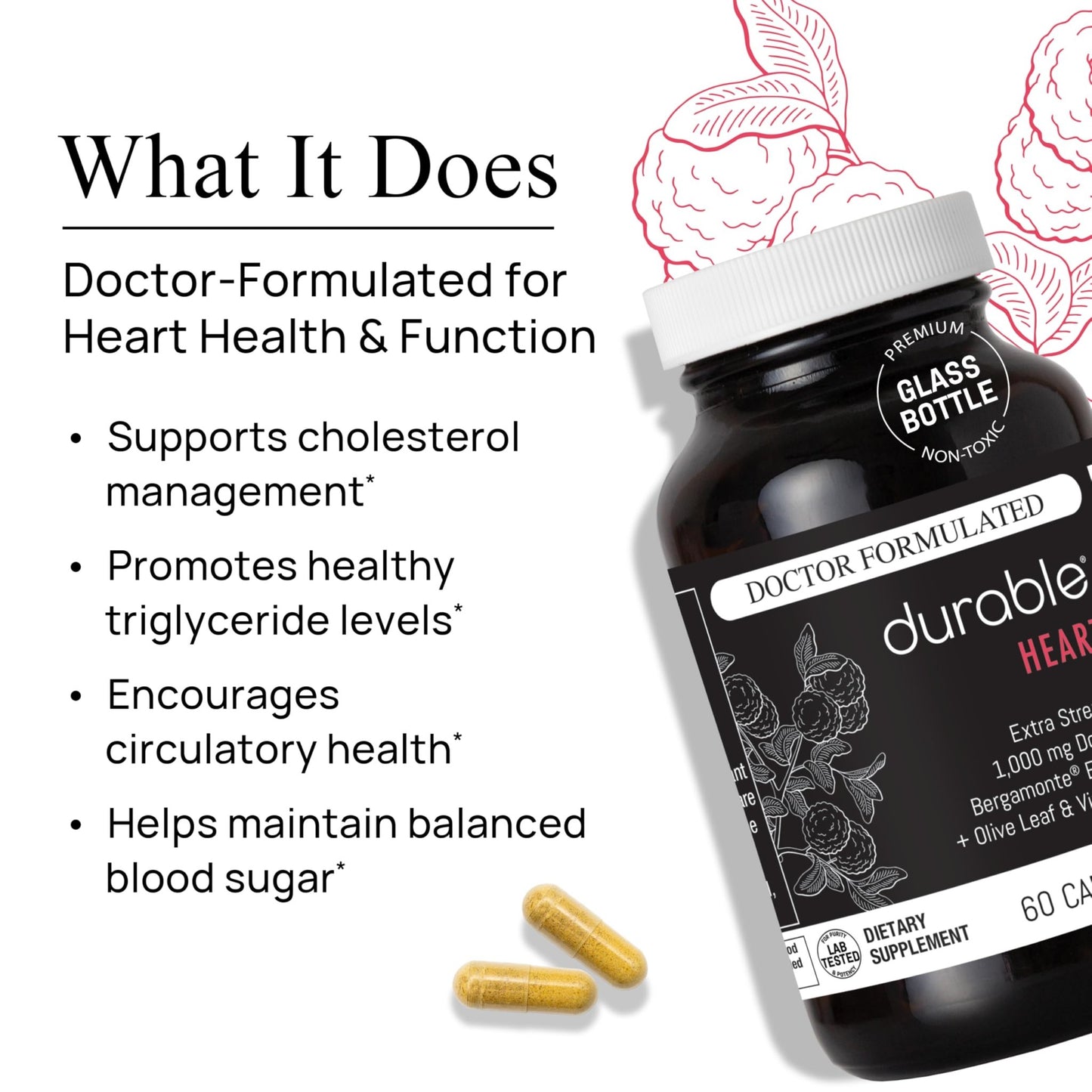 Durable Heart Bergamonte Citrus Bergamot 1000mg + Olive Leaf and Vitamin C Healthy-Cardiovascular Formula for Rate and Pressure, Healthy Cholesterol Pills - dailyvitalstore
